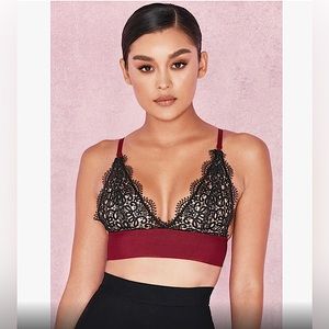 House of CB Minerva Burgundy + Black Lace Bandage Triangle Bralette [XS/30C] NWT